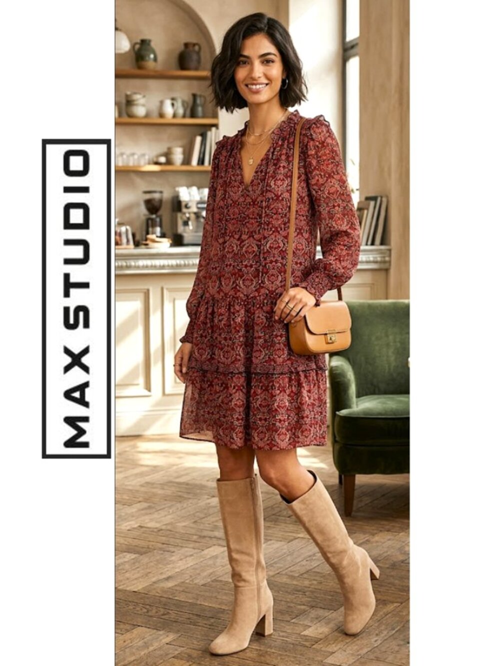 NWT!!! MAX STUDIO, Boho burgundy long sleeve floral pattern dress, size: large - Picture 2 of 15